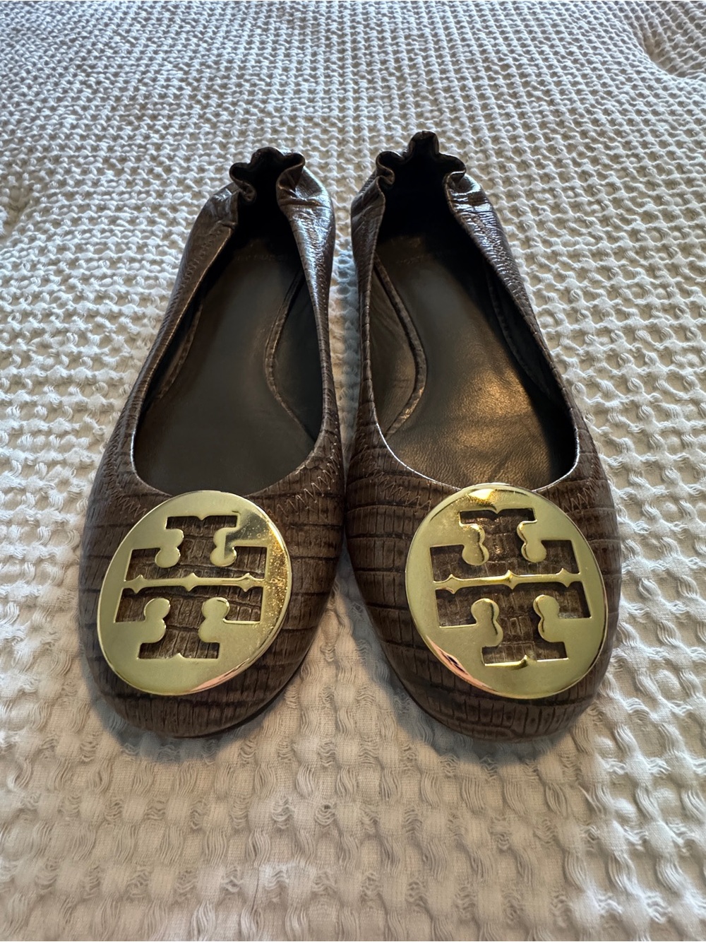 Tory Burch Chocolate Brown Leather Logo Ballet Flats with Gold Emblem